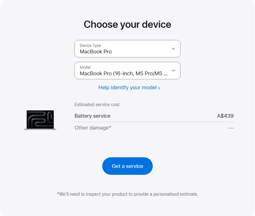 Apple Australia's repair pricing panel showing MacBook Pro (16-inch, M5 Pro/M5 Max) service estimates