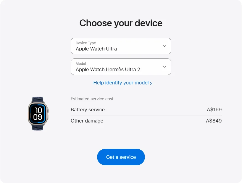 Apple Australia's repair pricing panel showing Apple Watch Hermès Ultra 2 service estimates