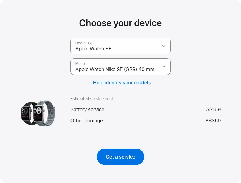 Apple Australia's repair pricing panel showing Apple Watch Nike SE (GPS) 40 mm service estimates