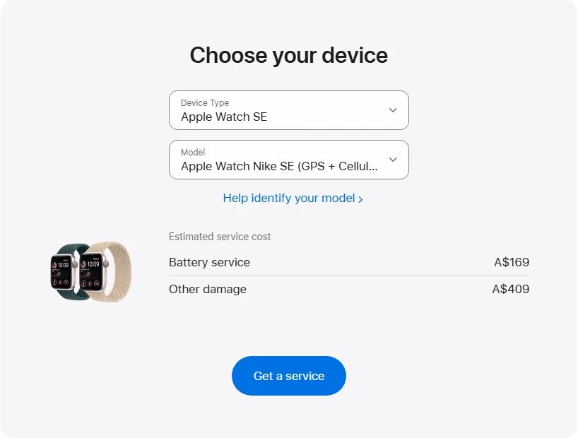 Apple Australia's repair pricing panel showing Apple Watch Nike SE (GPS + Cellular) 44 mm service estimates