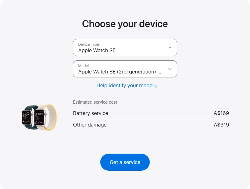Apple Australia's repair pricing panel showing Apple Watch SE (2nd generation) GPS 40mm service estimates