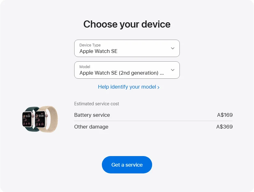 Apple Australia's repair pricing panel showing Apple Watch SE (2nd generation) GPS + Cellular 40mm service estimates