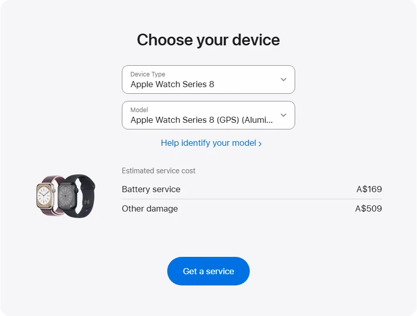 Apple Australia's repair pricing panel showing Apple Watch Series 8 (GPS) (Aluminium) 45mm service estimates