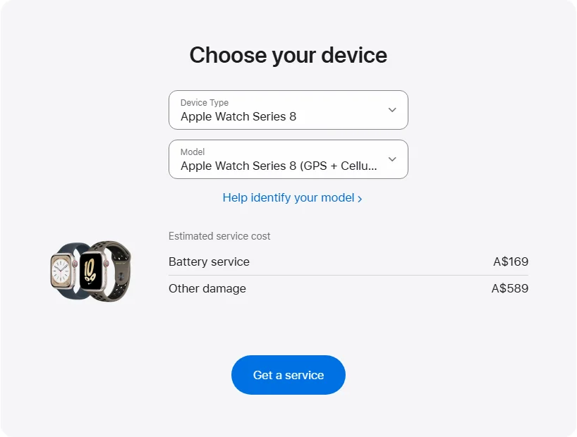 Apple Australia's repair pricing panel showing Apple Watch Series 8 (GPS + Cellular) (Aluminium) 41mm service estimates