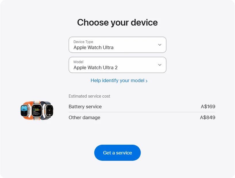 Apple Australia's repair pricing panel showing Apple Watch Ultra 2 service estimates