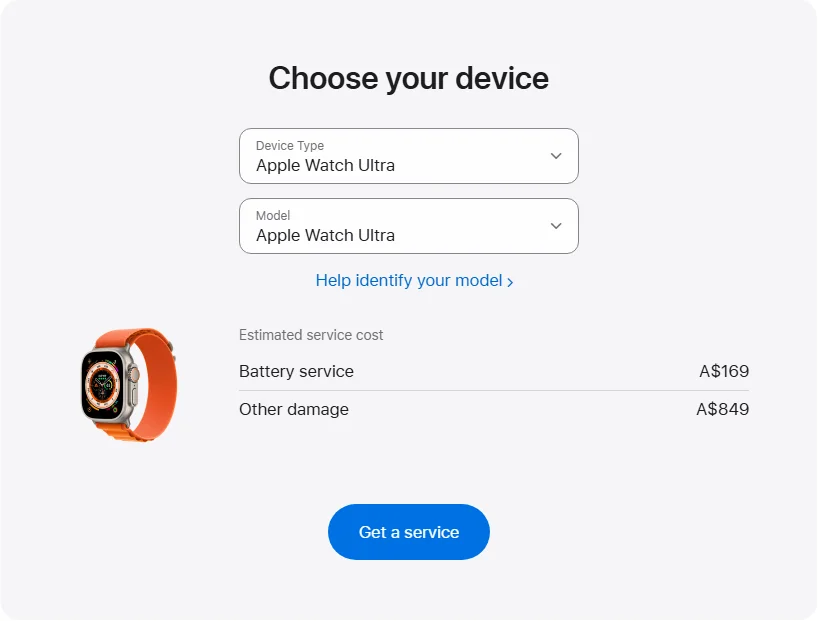 Apple Australia's repair pricing panel showing Apple Watch Ultra service estimates
