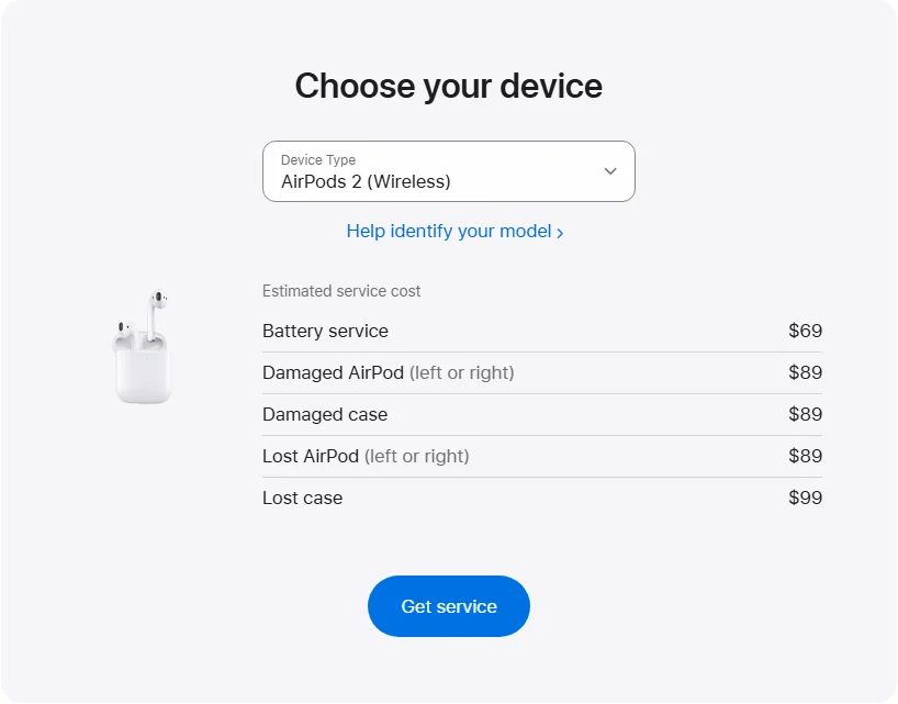 Apple Canada's repair pricing panel showing AirPods 2 (Wireless) service estimates