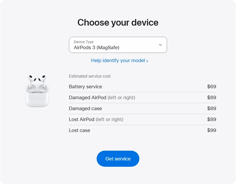 Apple Canada's repair pricing panel showing AirPods 3 (MagSafe) service estimates