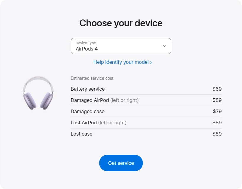 Apple Canada's repair pricing panel showing AirPods 4 service estimates