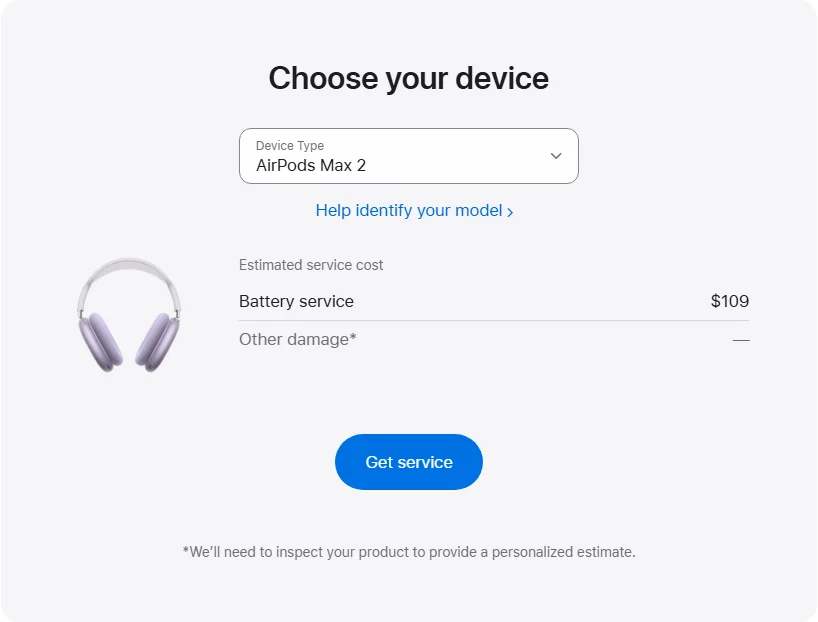 Apple Canada's repair pricing panel showing AirPods Max 2 service estimates