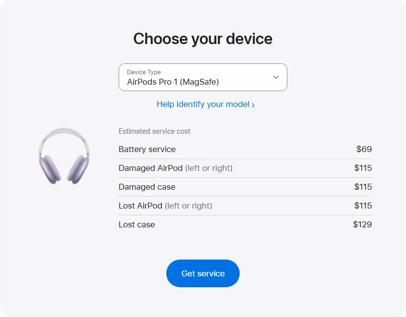 Apple Canada's repair pricing panel showing AirPods Pro 1 (MagSafe) service estimates