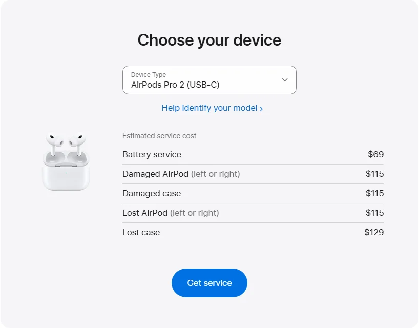 Apple Canada's repair pricing panel showing AirPods Pro 2 (USB-C) service estimates