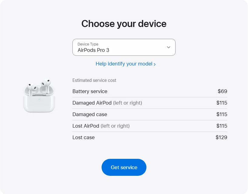 Apple Canada's repair pricing panel showing AirPods Pro 3 service estimates