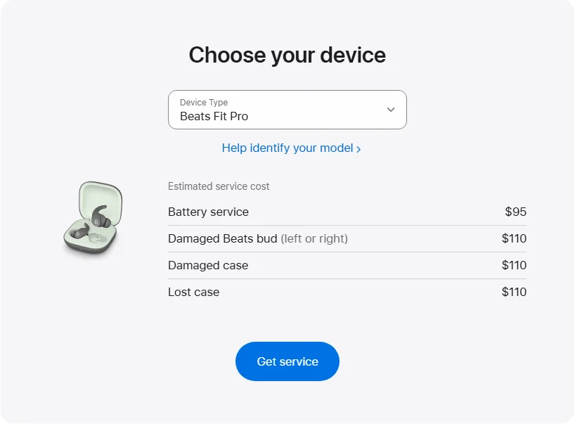 Apple Canada's repair pricing panel showing Beats Fit Pro service estimates
