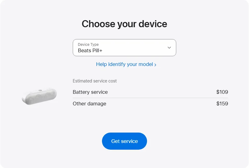 Apple Canada's repair pricing panel showing Beats Pill+ service estimates