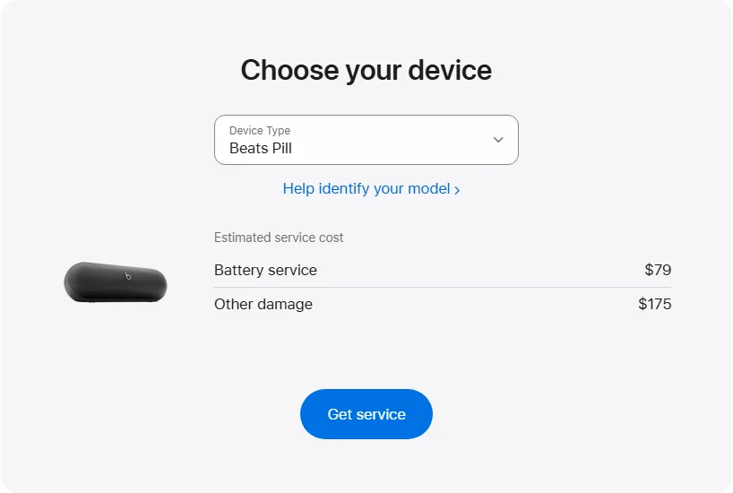 Apple Canada's repair pricing panel showing Beats Pill service estimates