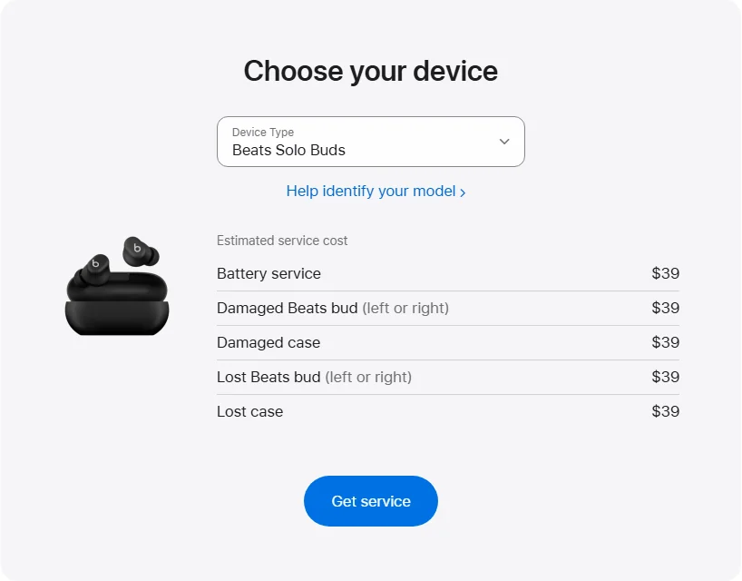 Apple Canada's repair pricing panel showing Beats Solo Buds service estimates