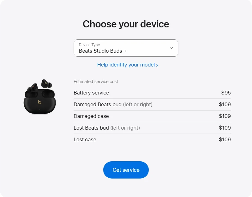 Apple Canada's repair pricing panel showing Beats Studio Buds + service estimates