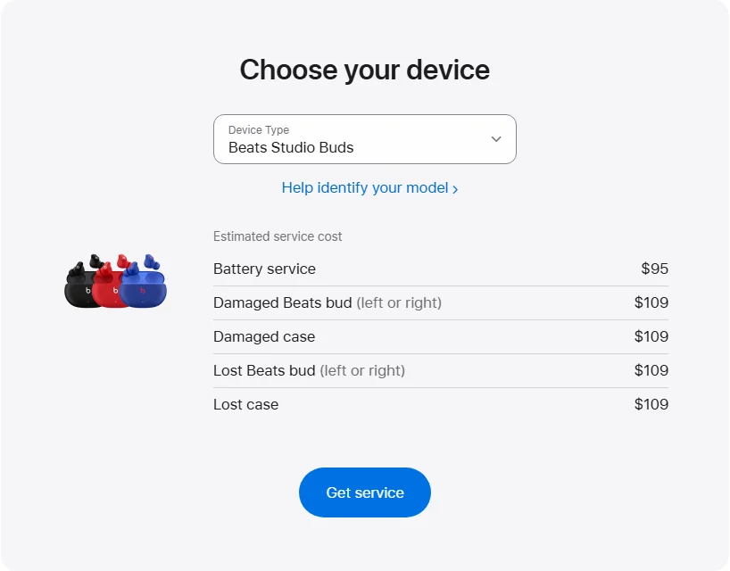 Apple Canada's repair pricing panel showing Beats Studio Buds service estimates