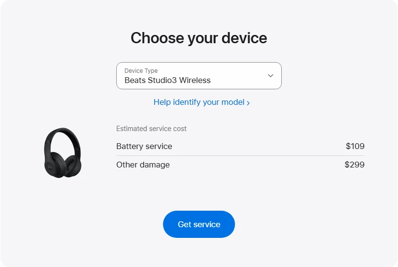 Apple Canada's repair pricing panel showing Beats Studio3 Wireless service estimates