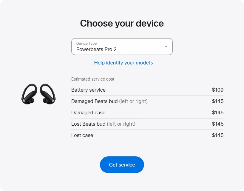Apple Canada's repair pricing panel showing Powerbeats Pro 2 service estimates