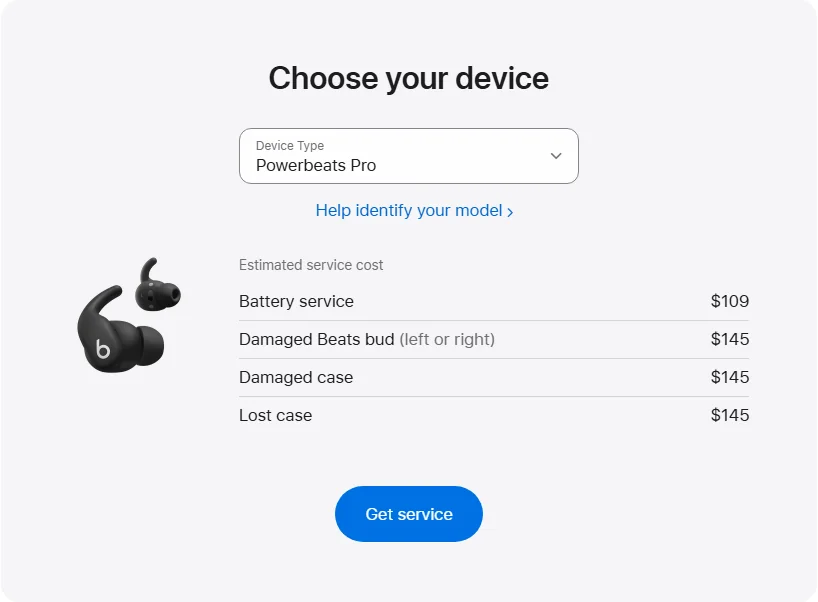 Apple Canada's repair pricing panel showing Powerbeats Pro service estimates