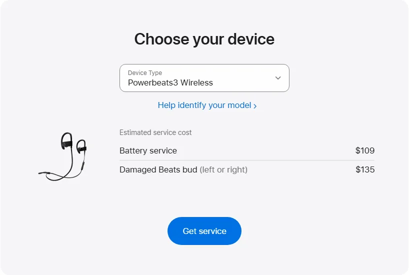 Apple Canada's repair pricing panel showing Powerbeats3 Wireless service estimates