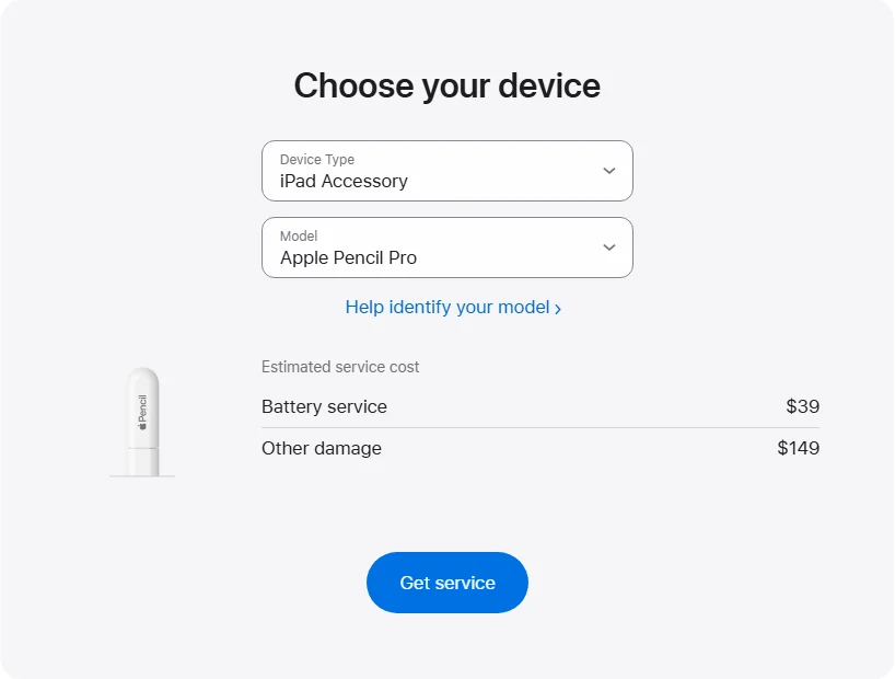 Apple Canada's repair pricing panel showing Apple Pencil Pro service estimates
