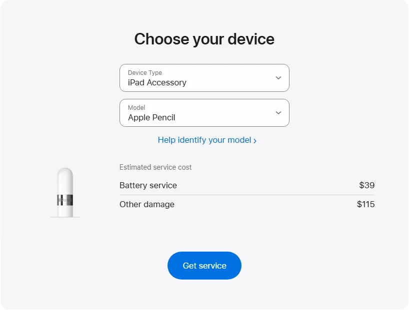 Apple Canada's repair pricing panel showing Apple Pencil service estimates