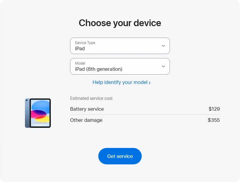 Apple Canada's repair pricing panel showing iPad (8th generation) service estimates