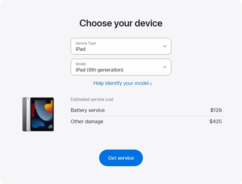 Apple Canada's repair pricing panel showing iPad (9th generation) service estimates
