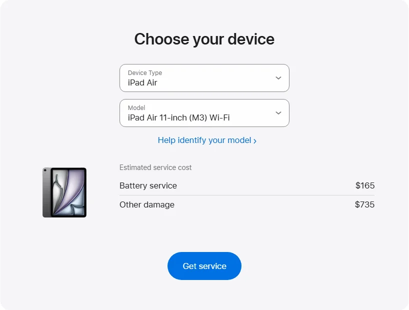 Apple Canada's repair pricing panel showing iPad Air 11-inch (M3) Wi-Fi service estimates