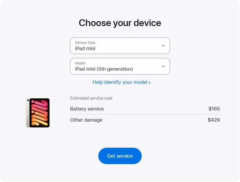 Apple Canada's repair pricing panel showing iPad mini (5th generation) service estimates