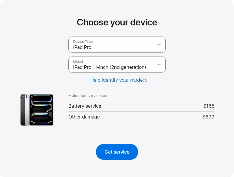 Apple Canada's repair pricing panel showing iPad Pro 11-inch (2nd generation) service estimates