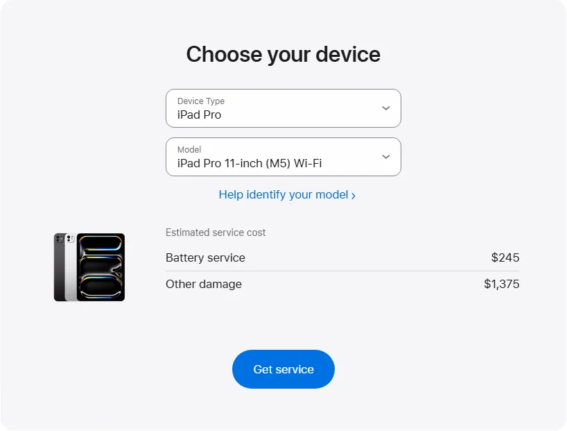 Apple Canada's repair pricing panel showing iPad Pro 11-inch (M5) Wi-Fi service estimates