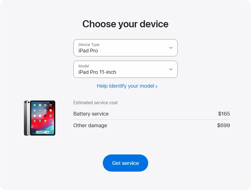 Apple Canada's repair pricing panel showing iPad Pro 11-inch service estimates
