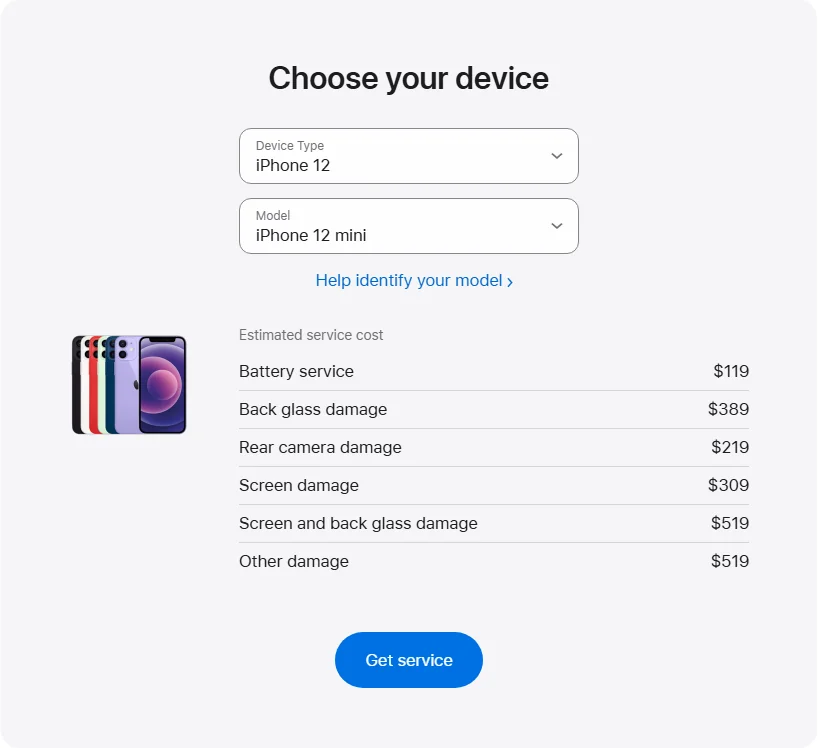 Apple Canada's repair pricing panel showing iPhone 12 mini service estimates