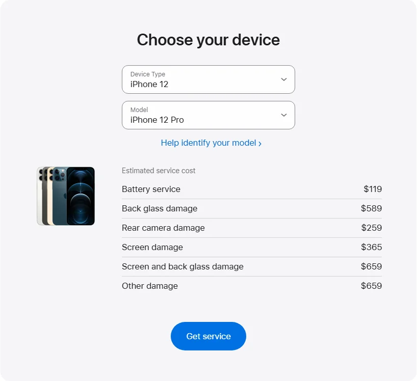 Apple Canada's repair pricing panel showing iPhone 12 Pro service estimates