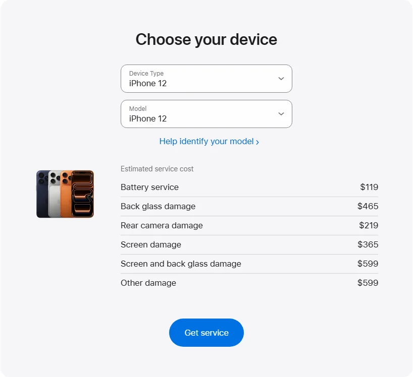 Apple Canada's repair pricing panel showing iPhone 12 service estimates