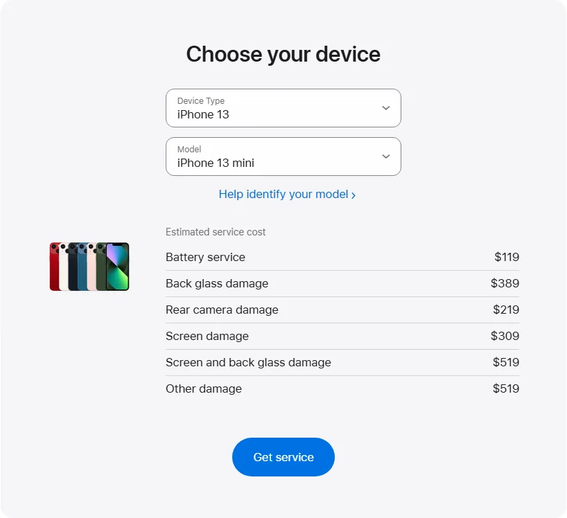 Apple Canada's repair pricing panel showing iPhone 13 mini service estimates