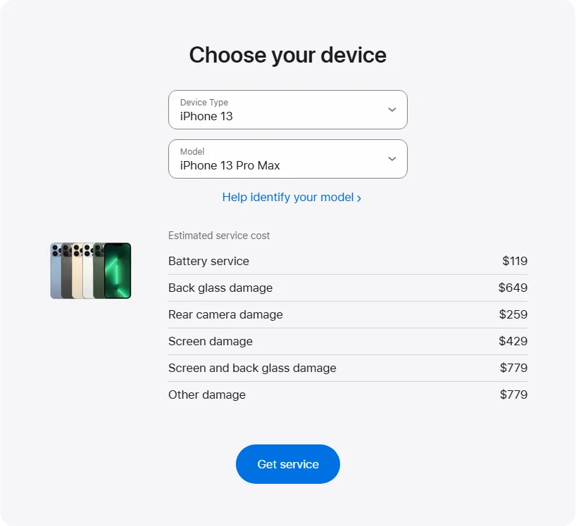 Apple Canada's repair pricing panel showing iPhone 13 Pro Max service estimates