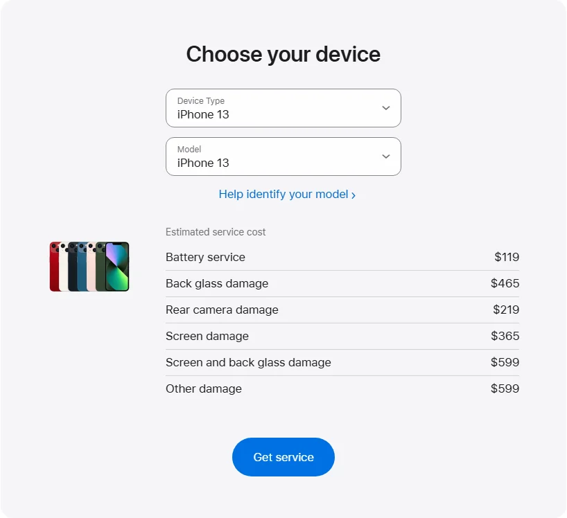 Apple Canada's repair pricing panel showing iPhone 13 service estimates