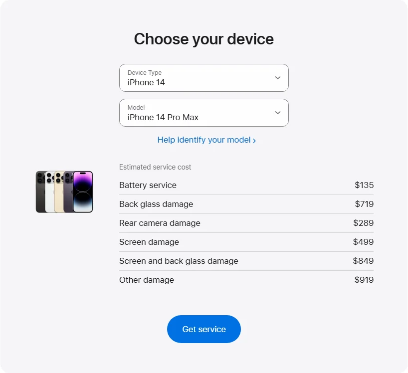 Apple Canada's repair pricing panel showing iPhone 14 Pro Max service estimates