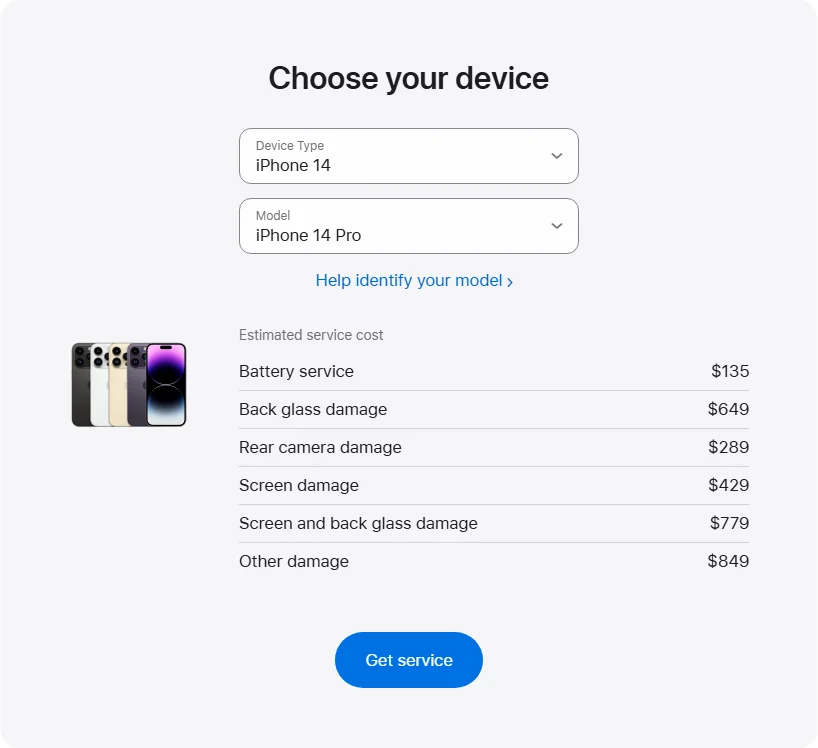 Apple Canada's repair pricing panel showing iPhone 14 Pro service estimates