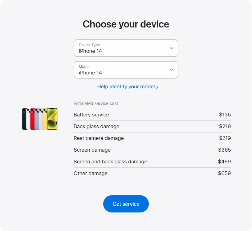 Apple Canada's repair pricing panel showing iPhone 14 service estimates