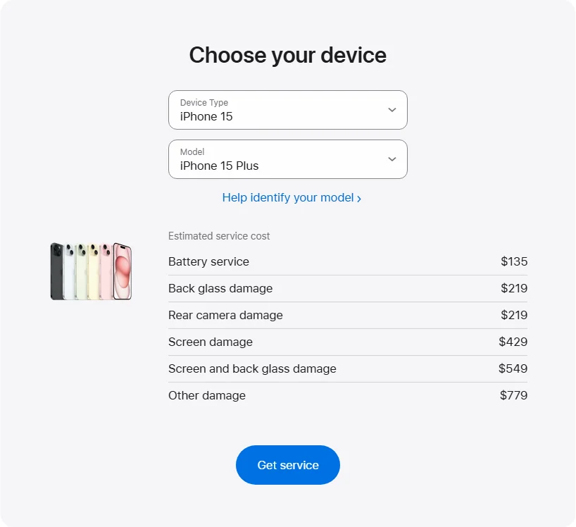 Apple Canada's repair pricing panel showing iPhone 15 Plus service estimates