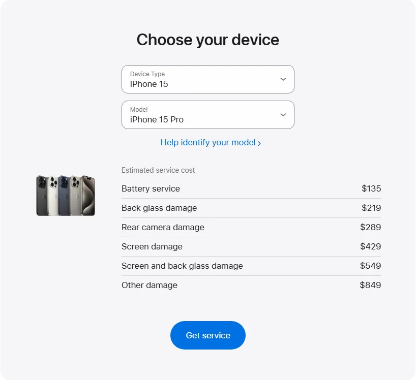 Apple Canada's repair pricing panel showing iPhone 15 Pro service estimates