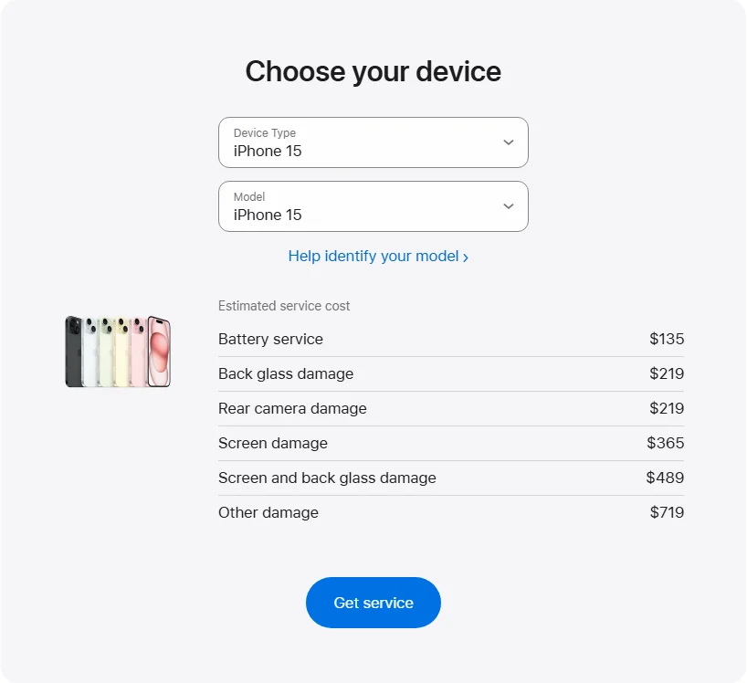 Apple Canada's repair pricing panel showing iPhone 15 service estimates