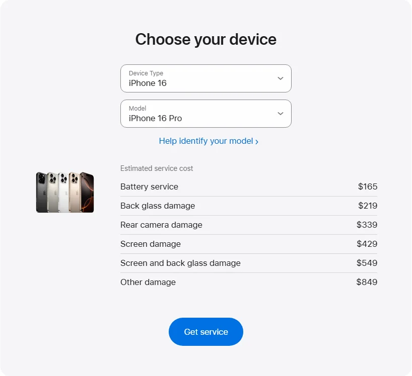 Apple Canada's repair pricing panel showing iPhone 16 Pro service estimates