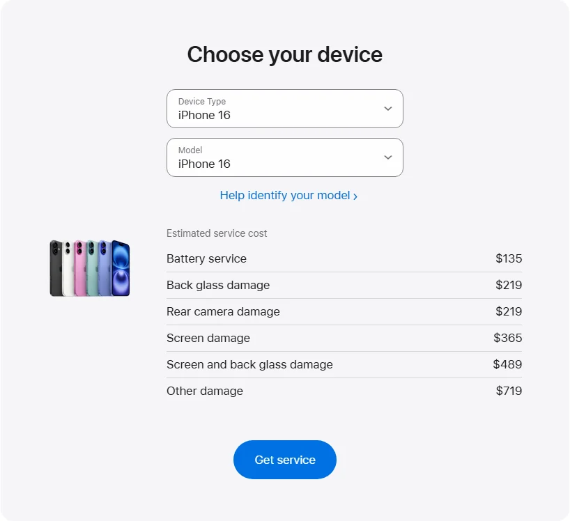 Apple Canada's repair pricing panel showing iPhone 16 service estimates